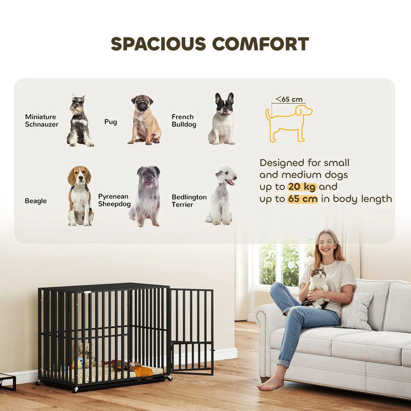 PawHut Heavy Duty Dog Crate, Dog Cage with Wheels for Small Medium Breeds, Metal Pet Kennel with Removable Tray