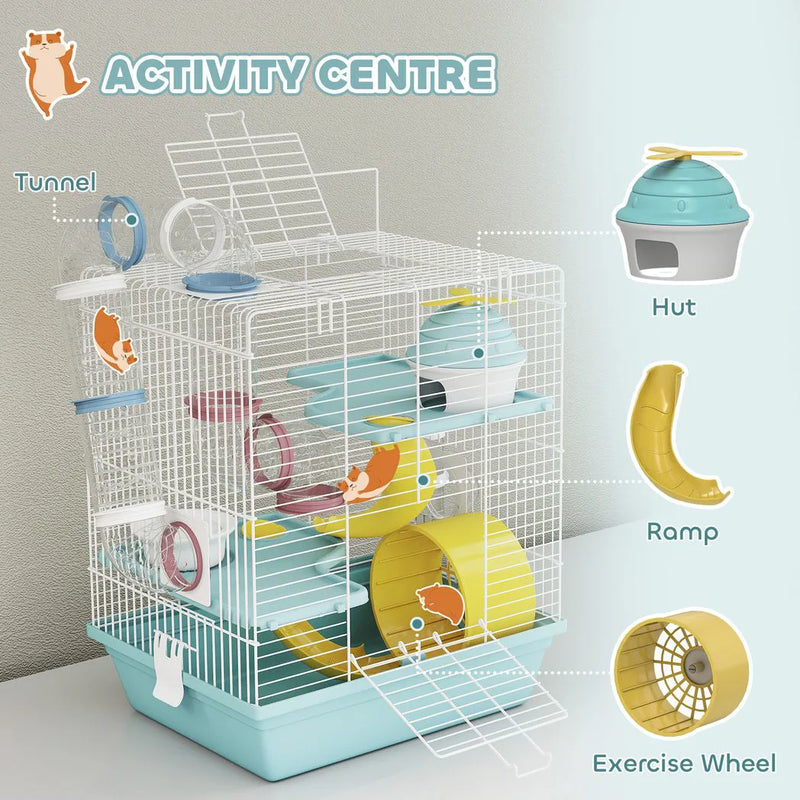 PawHut 3-Level Hamster Cage with Exercise Wheel, Water Bottle, Food Bowl, for Dwarf Hamsters, 34.5 x 27.5 x 41 cm, Blue