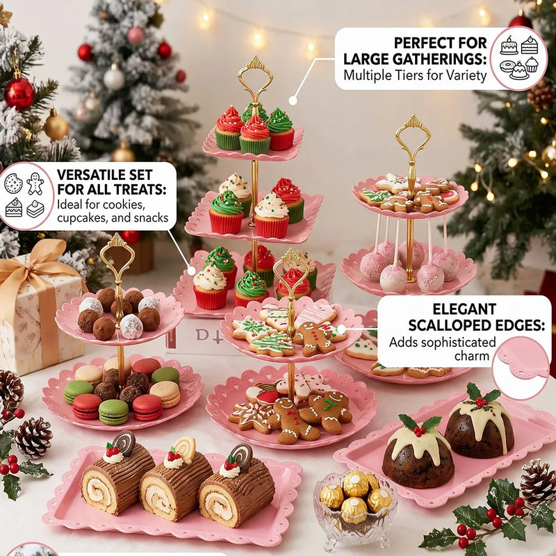 6pcs Cake Stand Afternoon Tea Wedding Plates Party Embossed Tableware Holder-Pink