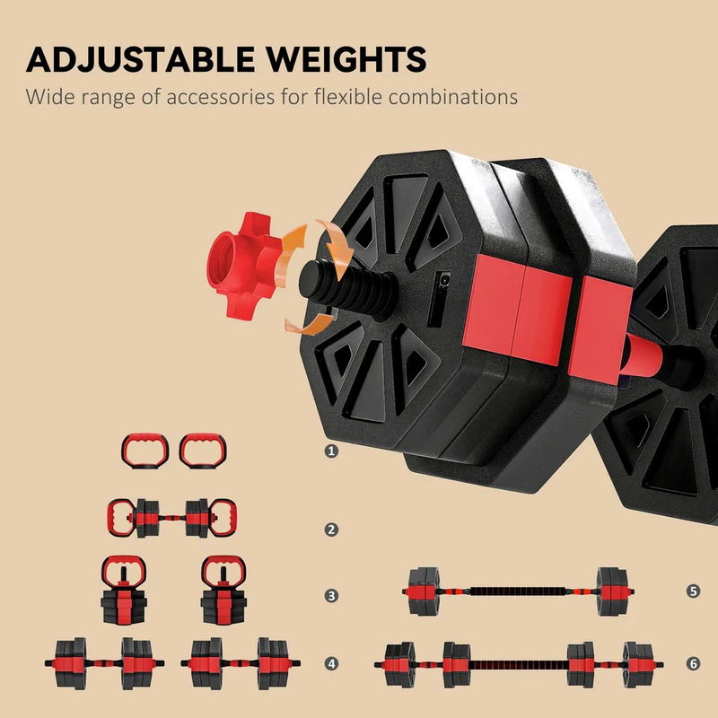 SPORTNOW 6-in-1 Adjustable Weight Dumbbells Set, Used as Kettlebell, Barbell, Dumbbell, Push-Up Stand, 20kg Free Weights Set for Men and Women Home Gym Training, Red