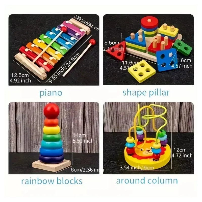 9 in 1 Wooden Toys Rattle Bell Drum Column Set Musical Instruments Sensory Music