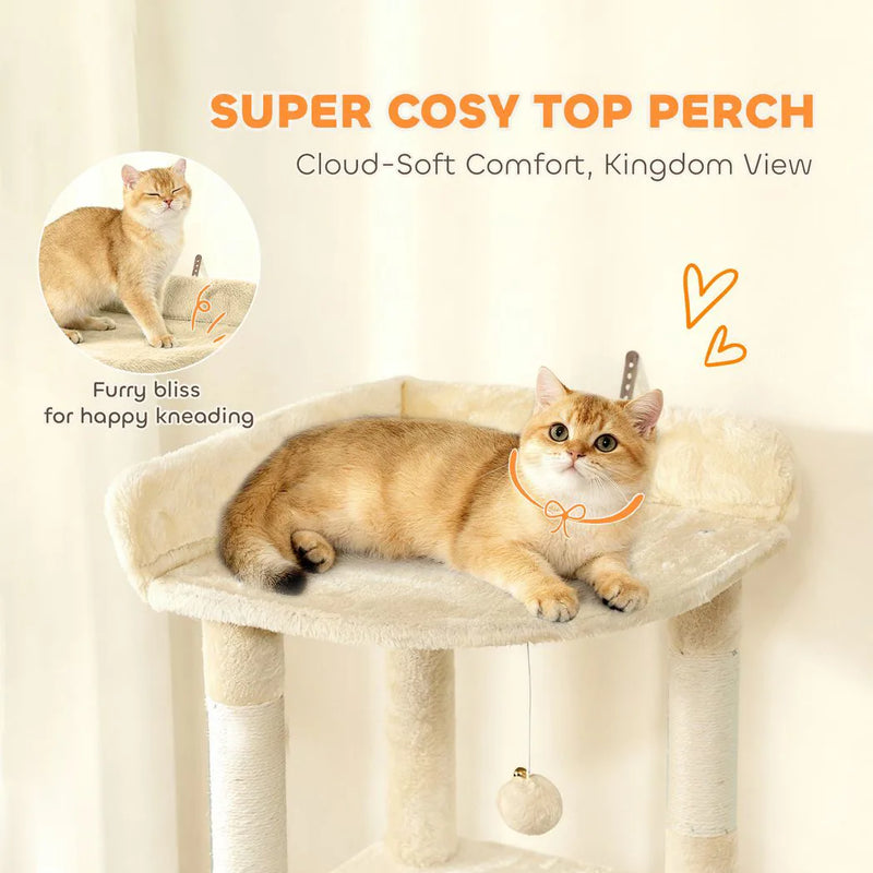 PawHut 170 cm Large Cat Tree, Cat Tower with 7 Scratching Posts, Tunnel, 2 Condos, Hammock, Perch, Ramp, Pompoms, Beige