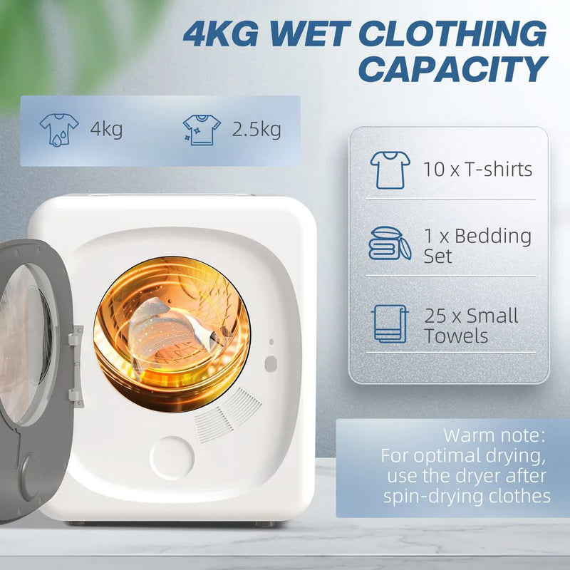 HOMCOM 4kg Vented Tumble Dryer with 5 Drying Mode, 800W Compact Freestanding Front Tumble Dryer White