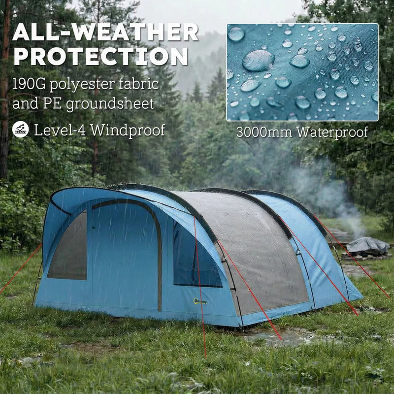 Outsunny 4 Person Easy Setup Family Camping Tent with 2 Rooms, Waterproof Tunnel Tent w/ Sewn In Groundsheet, Sky Blue & Grey