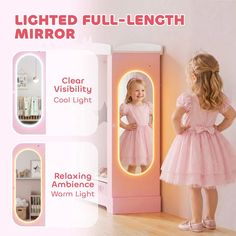 AIYAPLAY Kids Wardrobe with Lighted Mirror, Clothes Rail, Jewelry Cabinet, Shelves, Storage Boxes for Bedroom, Nursery, Pink