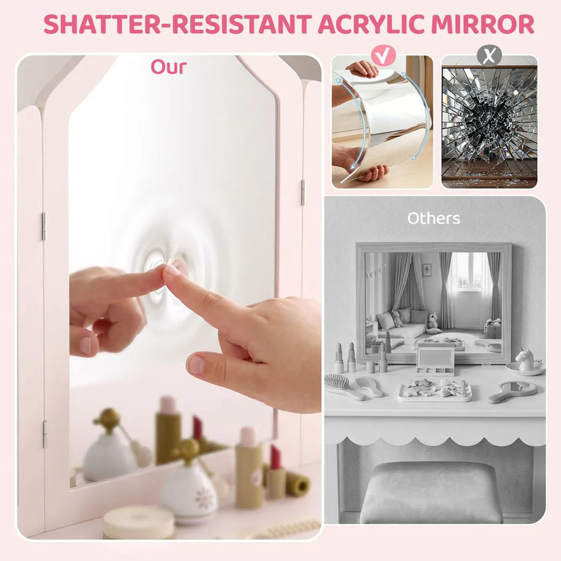 AIYAPLAY Kids Dressing Table, Kids Vanity Table and Chair Set with Tri-Folding Mirror, 2 Drawers, 2 Cabinets for Girls 3, Pink
