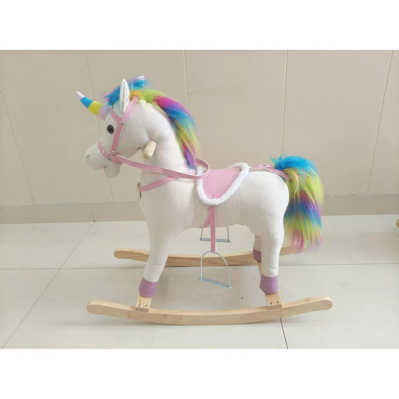 AIYAPLAY Rocking Horse, Unicorn Ride on Horse with Sounds and Stable Wooden Base for 1-3 Years, Cream White