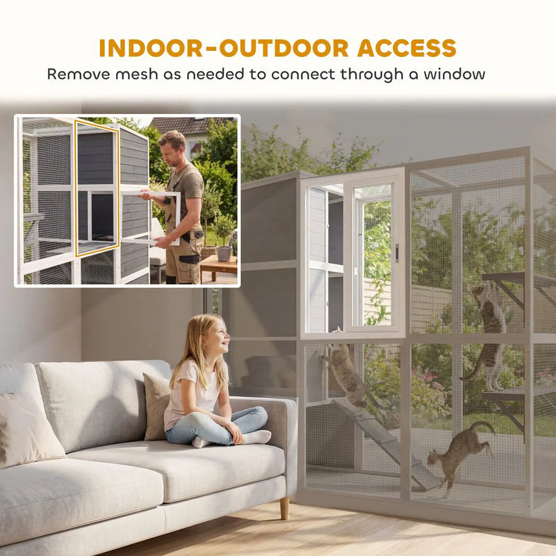 PawHut 4-Tier Wooden Catio Cat Outdoor Enclosure with Sun Roof, Resting Rooms, 3 Platforms, Window Outdoor Indoor, Grey