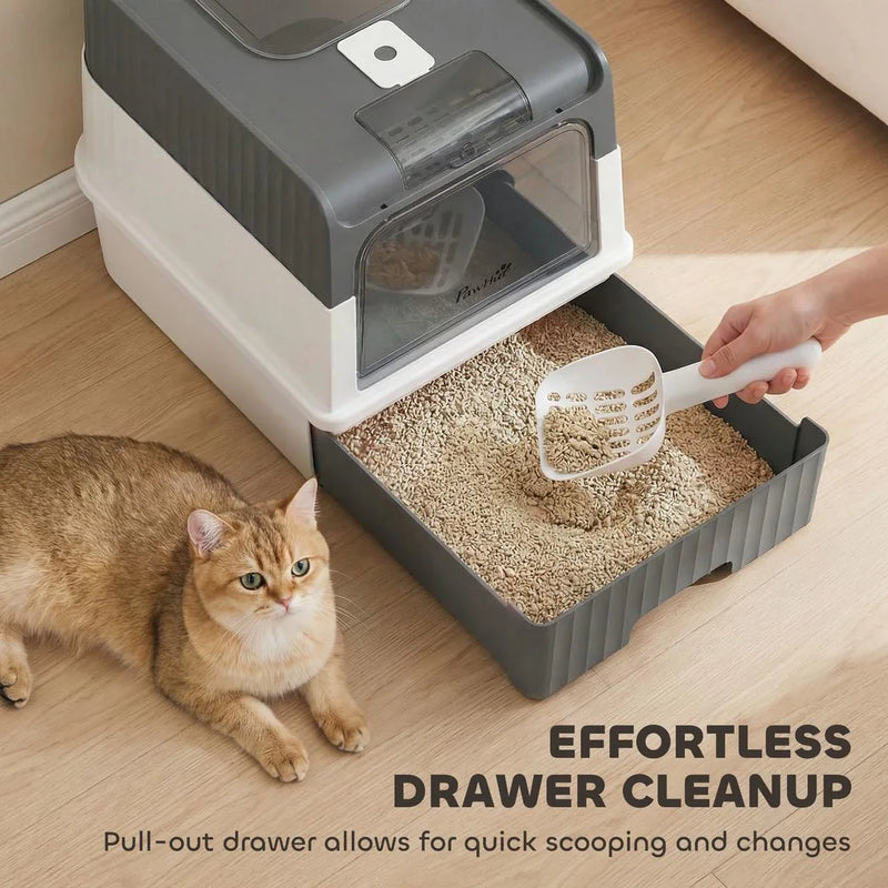 PawHut Enclosed Cat Litter Box with Lid, Pull-Out Drawer Tray, Scoop, 2 Deodorisation Bags, Front Entry & Top Exit, Grey