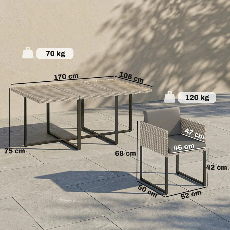 Outsunny 7 Piece Rattan Garden Furniture Set, Garden Dining Set with Wood-Plastic Table and 6 Stackable Chairs, Light Grey