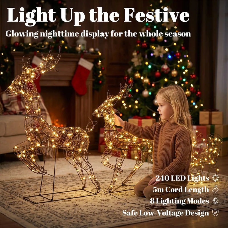 Outsunny 3-Piece Lighted Reindeer and Sleigh Set, PP Rattan Outdoor Christmas Decoration with LEDs, 8 Modes, Daily Timer