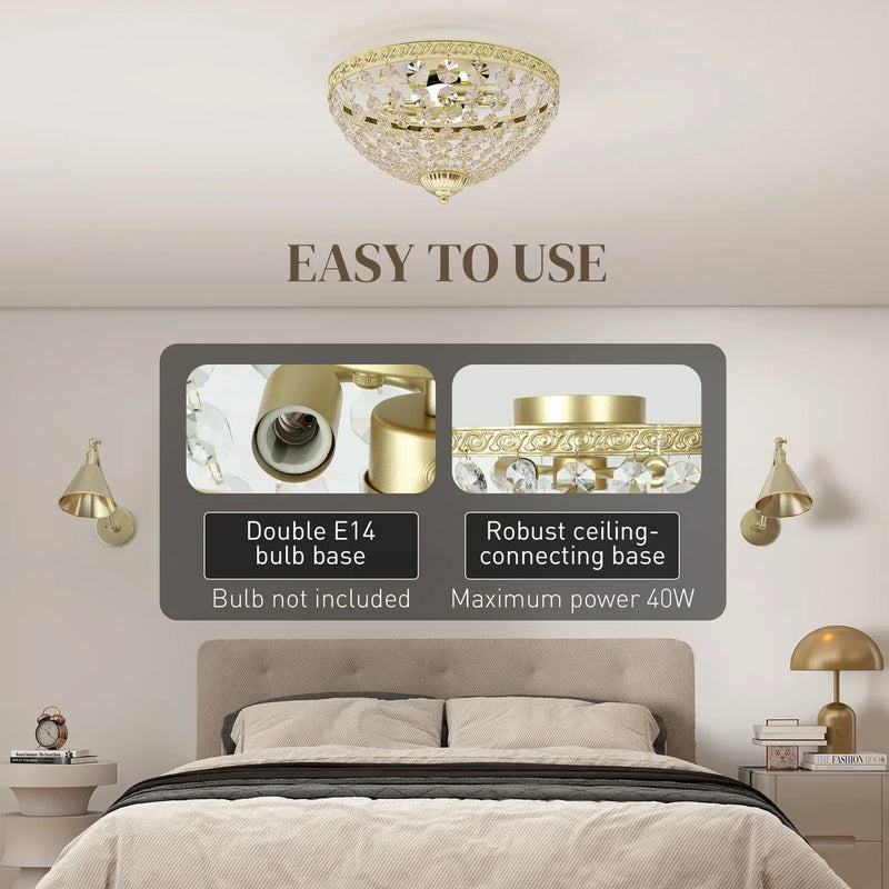 HOMCOM Crystal Chandelier Ceiling Light with 168 Octagonal Beads, Vintage 2-Light Flush Mount Ceiling Light for Living Room, Bedroom, Hallway, Dining Room, Gold Tone