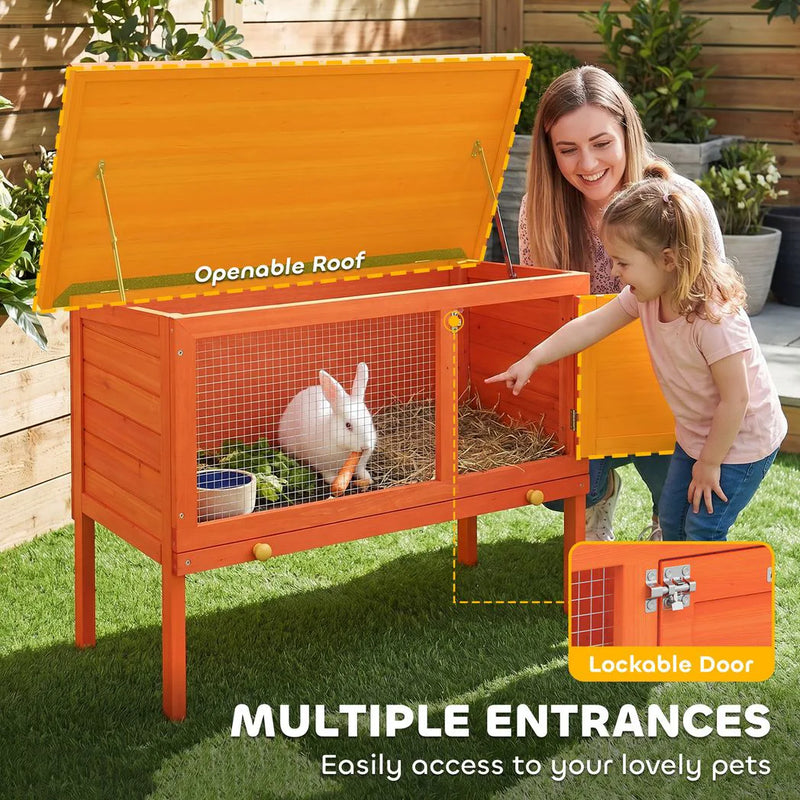 PawHut Wooden Rabbit Hutch, Guinea Pig Hutch with Asphalt Roof, Outdoor Elevated Bunny House for Rabbits, Chinchillas