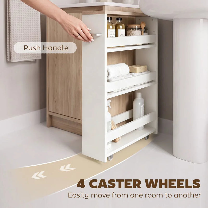 kleankin Storage Cart, 4-Tier Compact Storage Trolley on Wheels and Handle, 48W x 15D x 80H cm, White