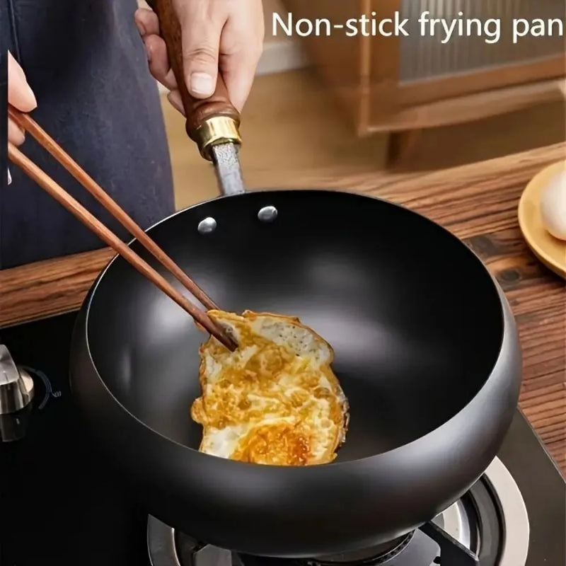 28CM Cast Iron Pot Cooking Wok Wooden Lid Handle Anti-Splatter Pan Soup Stock Pot