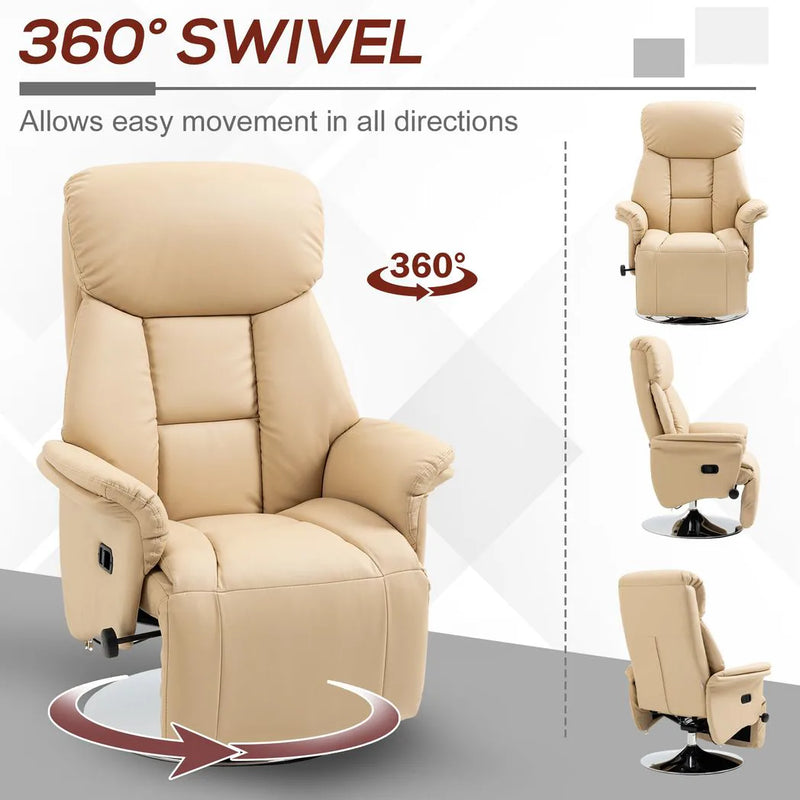 HOMCOM Adjustable Swivel Recliner, Manual Recliner Chair with Footrest, Padded Arms, PU Leather Upholstery, Beige