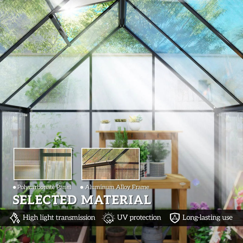 Outsunny 6 x 5.5ft Polycarbonate Greenhouse, Quick Setup Walk in Green House, Push Door, Adjustable Roof Vent, Rain Gutter, Black