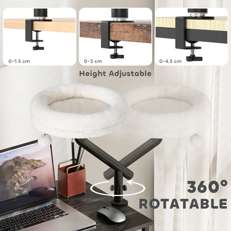 PawHut Cat Desk Bed, Cat Hammock 360° Rotatable Adjustable for Window, Table, Work, Cream White