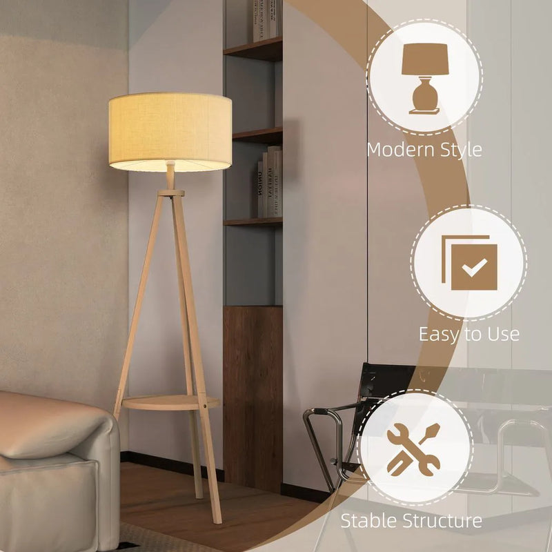 HOMCOM Bedside Light, Tripod Floor Lamp with Storage Shelf and Linen Shade for Living Room, 160cm, Natural Wood Colour