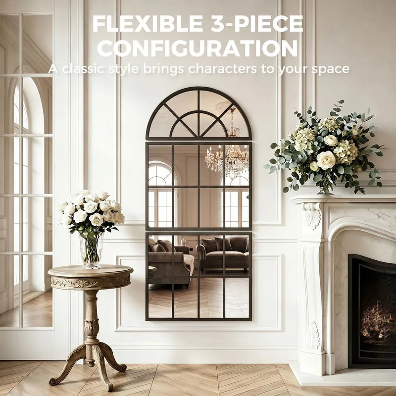 HOMCOM Large Arched Wall Mirror with Metal Grid, 3-Piece Split Window Mirrors, 120 x 54 cm, Black
