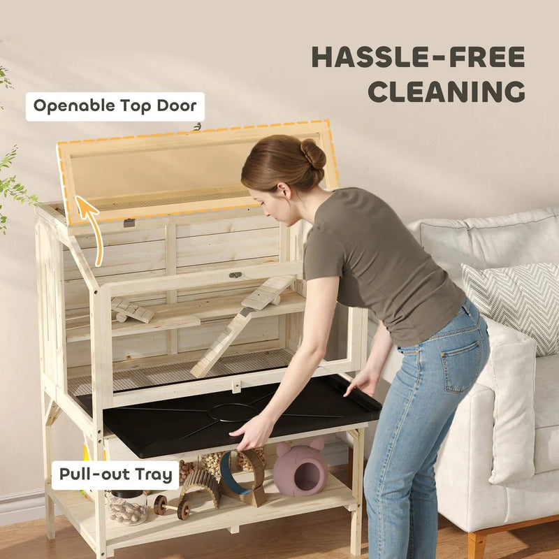 PawHut 2 Tier Wooden Hamster Cage with Shelf and Openable Top
