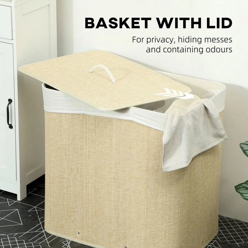 HOMCOM 3 Section Laundry Basket with Lid, 144L Bamboo Laundry Hamper with Handles, Removable and Washable Liner, Cream White