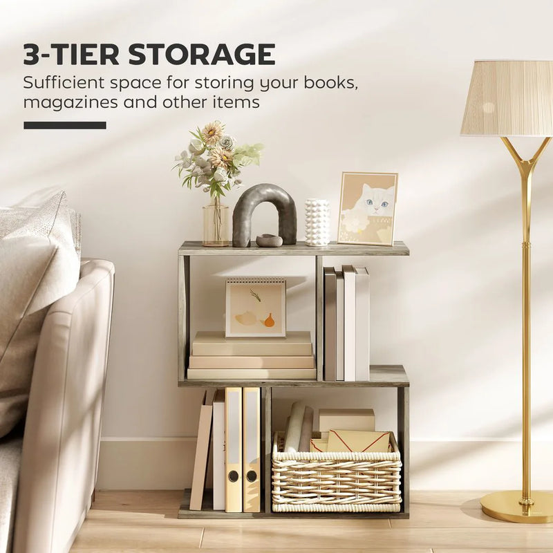 HOMCOM Side Table, Narrow End Table with Storage Shelves, S-Shaped, 3-Tier, 50W x 19.5D x 58H cm, Grey