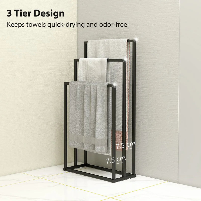 HOMCOM Freestanding Towel Rack, Steel Towel Rail Holder with 3 Bars, Black