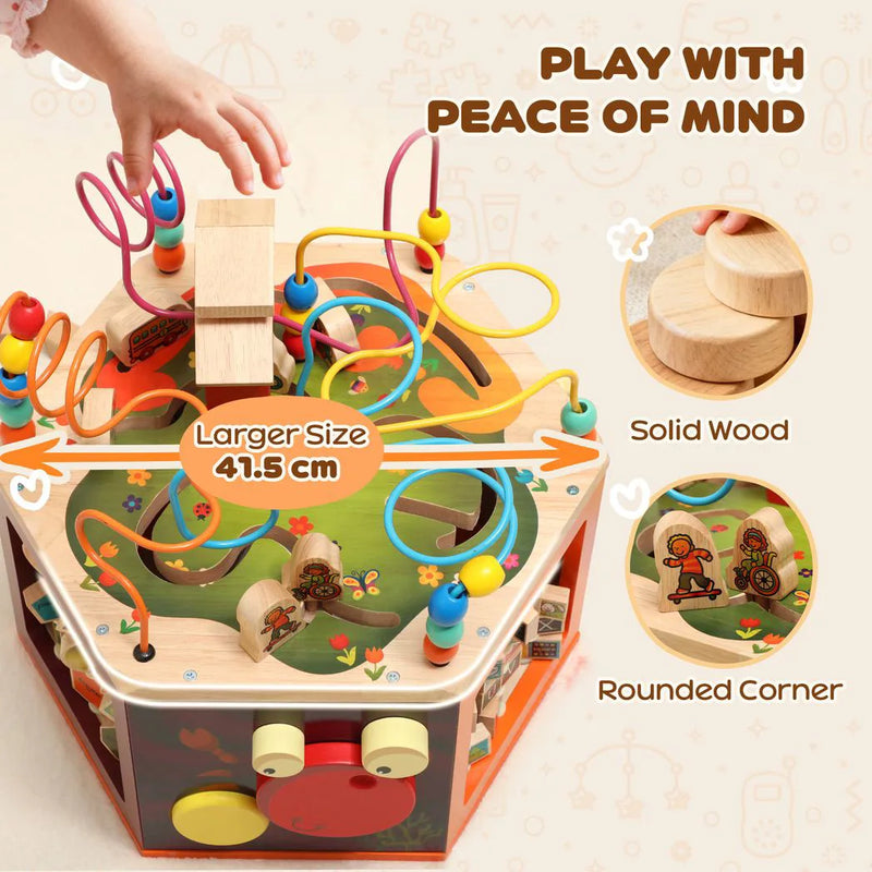 AIYAPLAY 8 in 1 Wooden Activity Cube with Bead Maze, Shape Sorter, for Kids Boys Girls 18 Months
