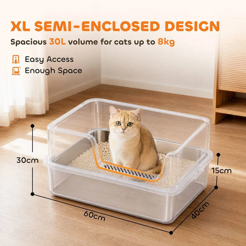 PawHut XL Stainless Steel Cat Litter Tray with Lid, High Sided Cat Litter Box with Scoop and Mat, Light Grey