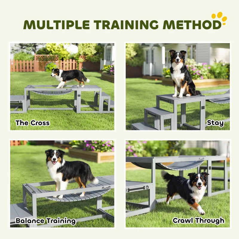 PawHut 3 Pieces Wooden Dog Agility Training Equipment with Soft Bridge, Pause Platform and Pet Stair for Outdoor, Grey