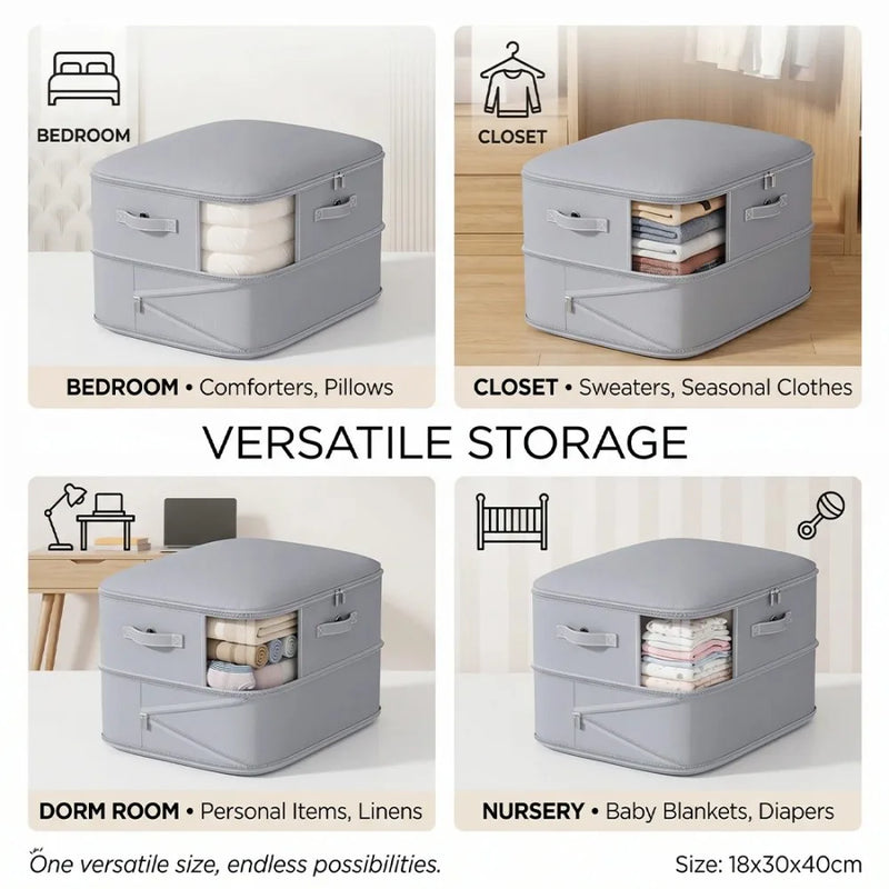 NEW 4x Clothes Storage Bags With Zips Bedroom Large Collapsible Storage Box Bedding UK-Gray