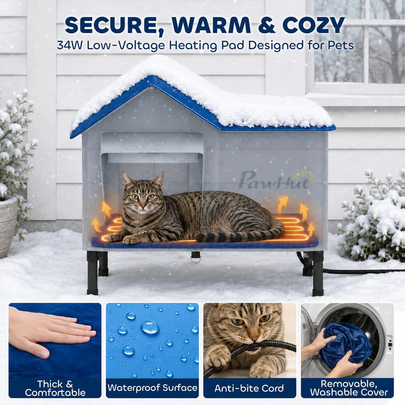 PawHut Heated Cat House Weatherproof w/ Heating Pad, Elevated Base, Escape Door, Cat Winter Shelter for Stray, Barn Cats