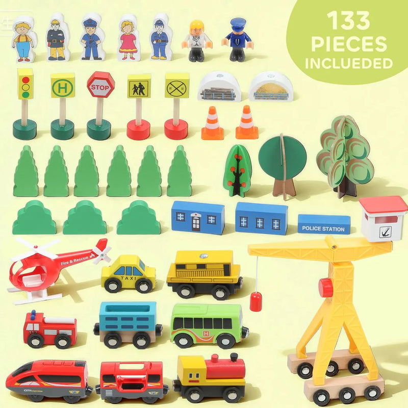 AIYAPLAY 133-Piece Wooden Train Set, Toy Train with Crane, Storage Box, for Kids Ages 3