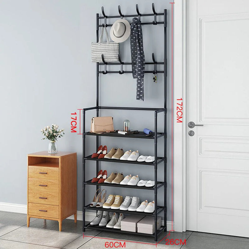 New Coat and Hat Stand 8 Hooks Metal Shoe Rack 5 Tiers Shelf Hanger Black UK