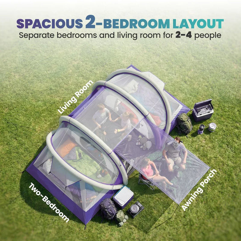 Outsunny Inflatable Tent 2 Bedroom Tunnel Design Windproof Air Tent with Carry Bag for 4 Person
