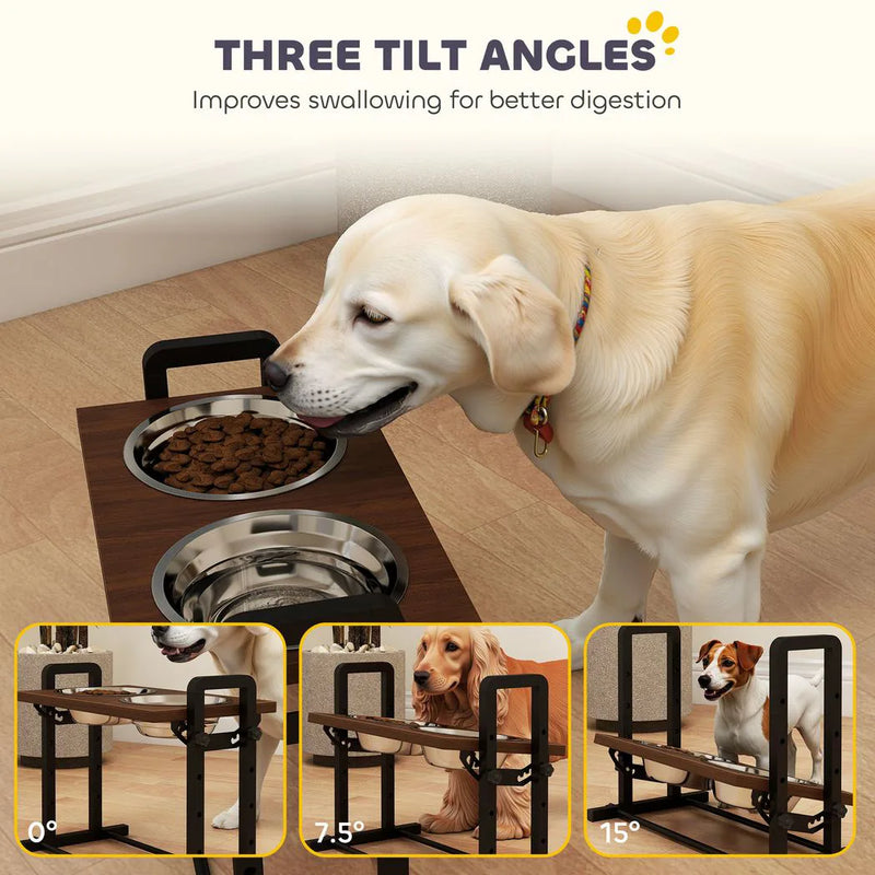 PawHut Raised Dog Bowls with Stand, 4 Heights Adjustable Pet Feeder with 3 Adjustable Angles for Small, Medium & Large Breeds, Brown