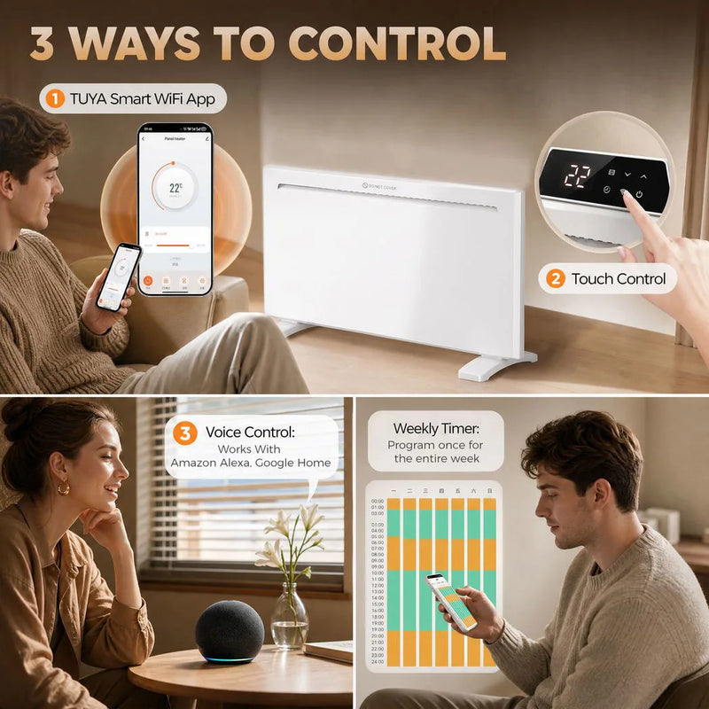 HOMCOM Smart Panel Heater Wall Mounted/Freestanding, Electric Heater with Weekly Timer, Open Window & Anti-Frost, 2000W, White
