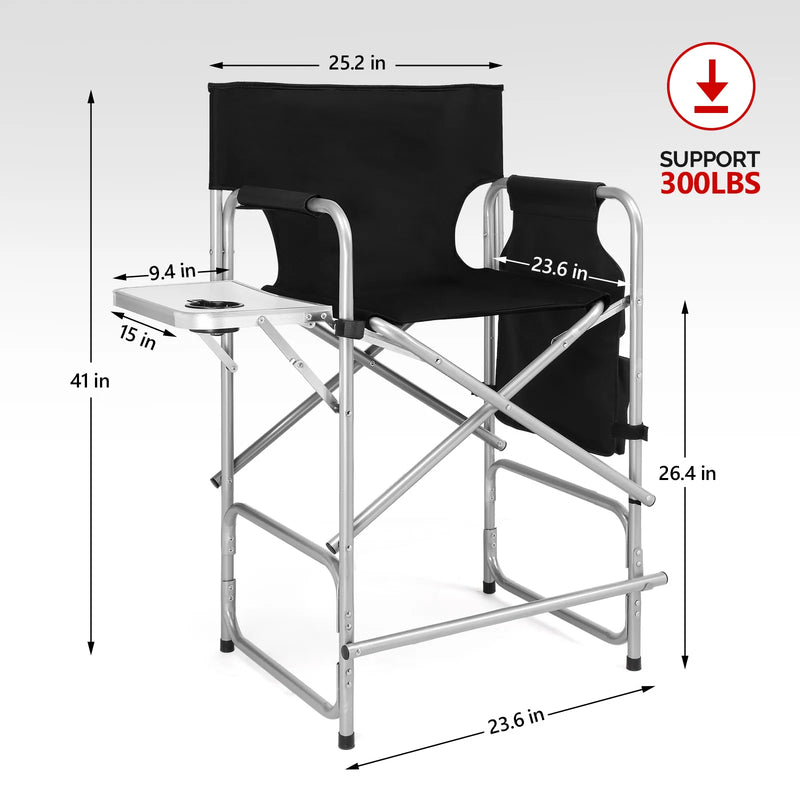 Folding Director Chair with Side Table & Storage Pockets, 41"×23.6"×26.4" Heavy Duty Spray-Coated Metal Frame Makeup Artist Chair, Portable Tall Folding Camping Chair, Supports 300 LBS, Black Oxford Fabric, No Carry Bag  >