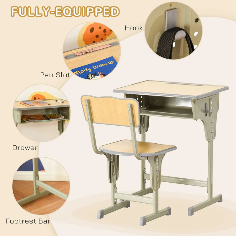 HOMCOM Height Adjustable Kids Desk and Chair Set with Storage Compartment, Bag Hook and Pen Holder, for 6-12 Years, Grey