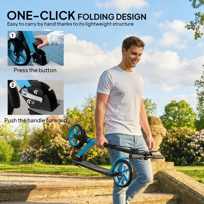 HOMCOM One-click Folding Kick Scooter for 14 w/ Adjustable Handlebar, Push Scooter with Kickstand, Dual Brake System, Blue