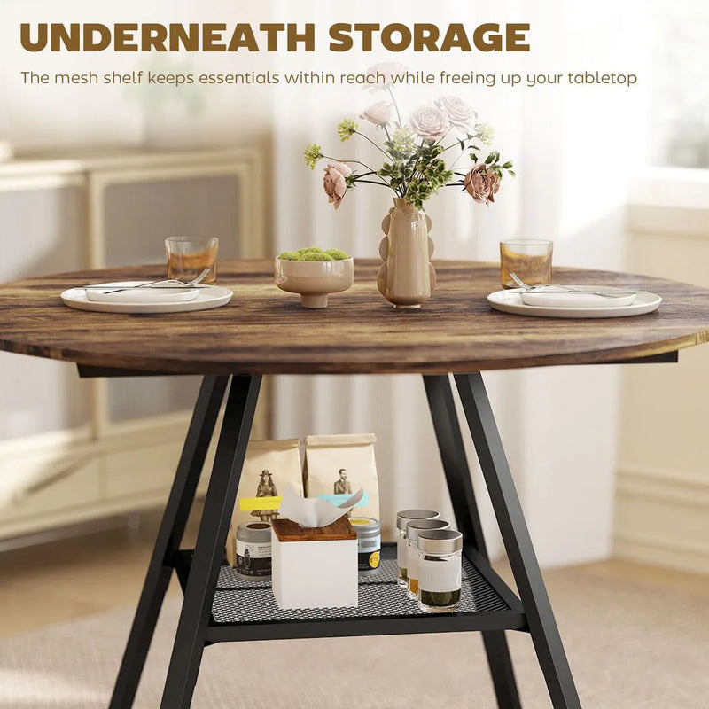 HOMCOM Dining Table for 4 People, 100 cm Round Industrial Kitchen Table with Storage Shelf, Rustic Brown