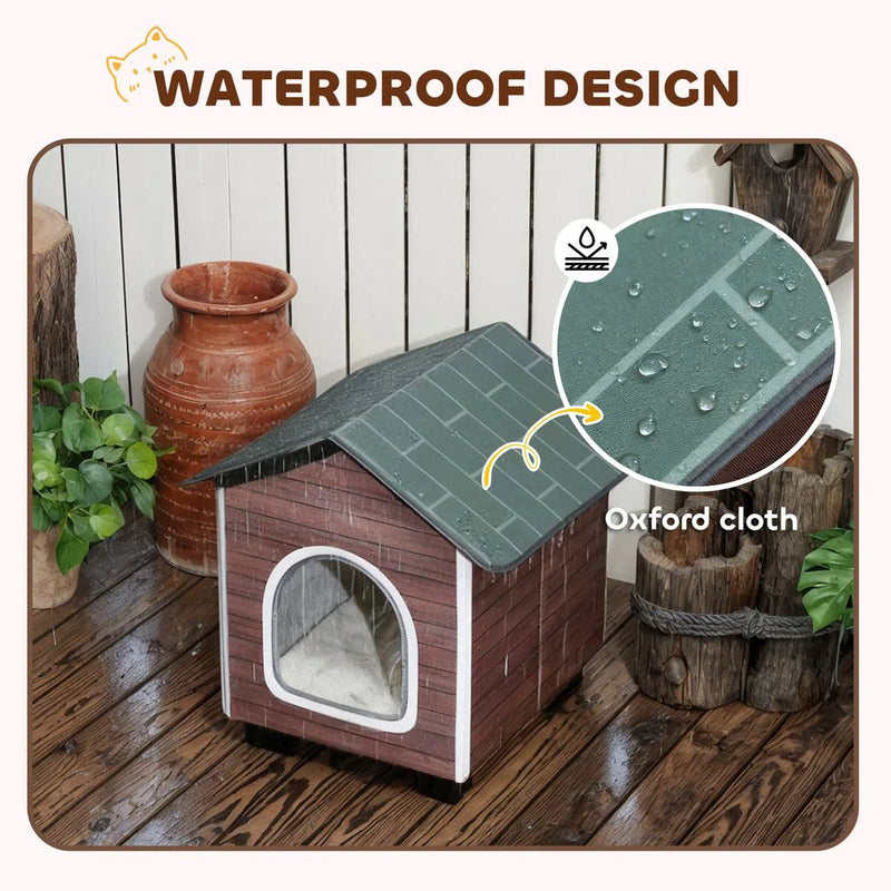 PawHut Insulated Outdoor Cat House, Water-Resistant Feral Cat Shelter with Elevated Base and Cushion, Red-brown