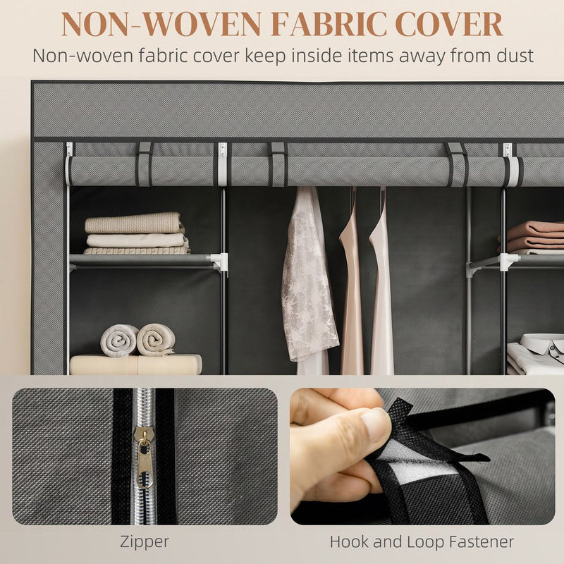 HOMCOM Clothes Storage Organiser with Hanging Rail, Shelves, Portable Wardrobe, Foldable Fabric Wardrobe, Dark Grey