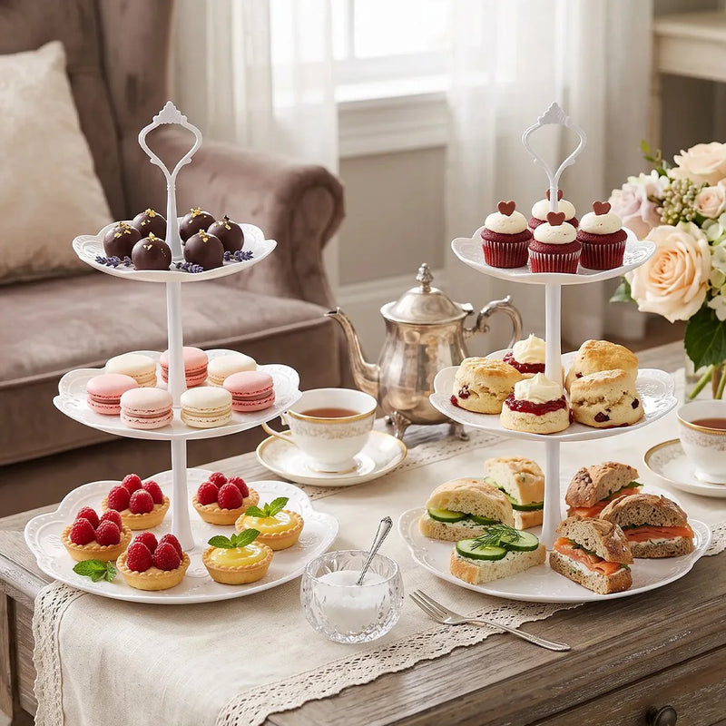 2PCS 3 Tier Cake Stand Afternoon Tea Wedding Plates Party Embossed Tableware-Cherry blossom