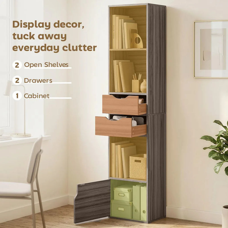 HOMCOM Bookcase with Drawers Adjustable Shelf Bookshelf with 2 Drawers and Cabinet 158 cm Grey
