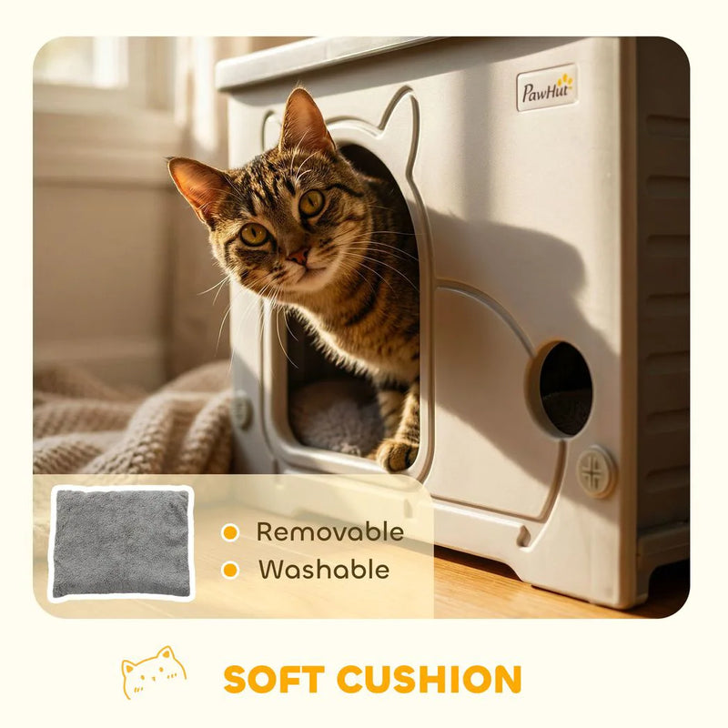PawHut Cat House Stackable Pet Shelter with Removable Cushion for Indoor Outdoor Use Grey
