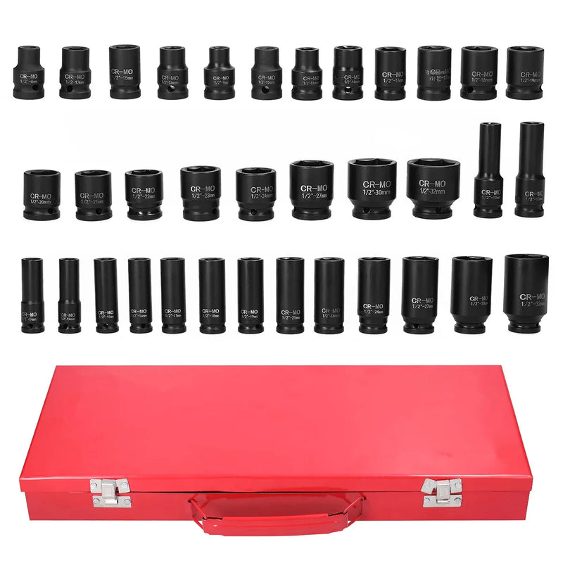 35PCS 1/2" 8-32mm Metric Drive Deep Impact Socket Tool Set Garage Chrome Steel