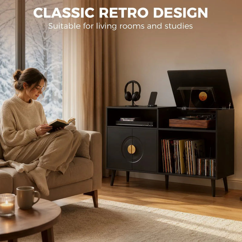 HOMCOM Record Player Stand, Vinyl Record Holder with Storage Holds Up to 300 Albums with Flip-Top Compartment, Black