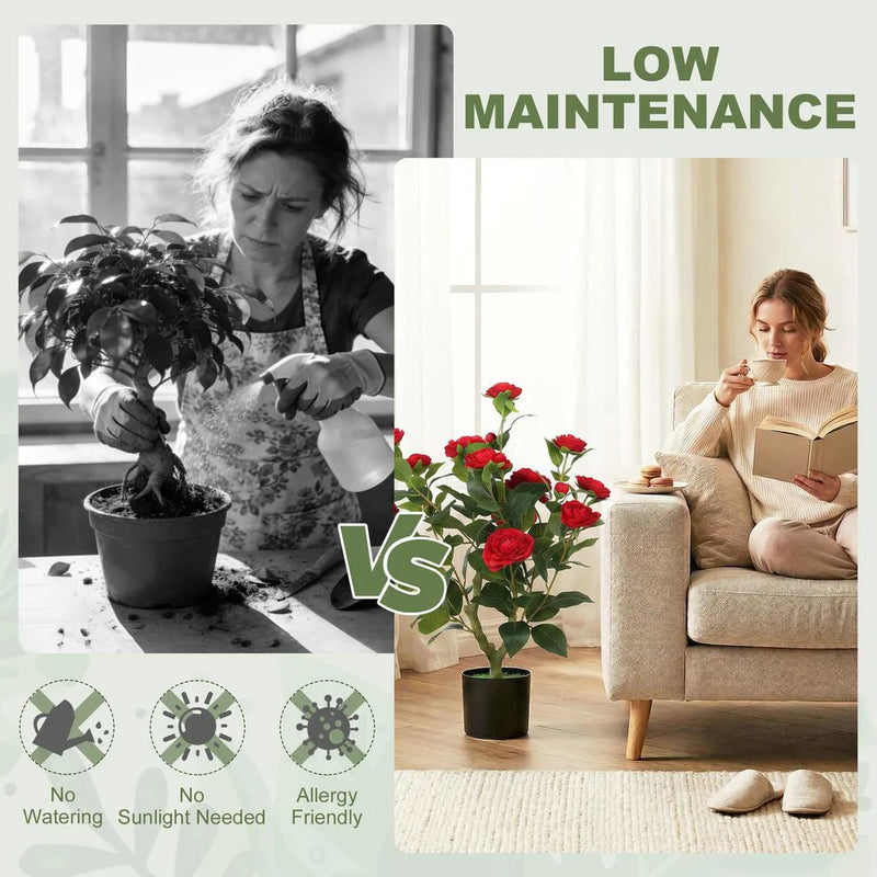 HOMCOM 65cm Artificial Camellia Flower Plant in Pot with 116 Lush Leaves & Moss Effect, Red